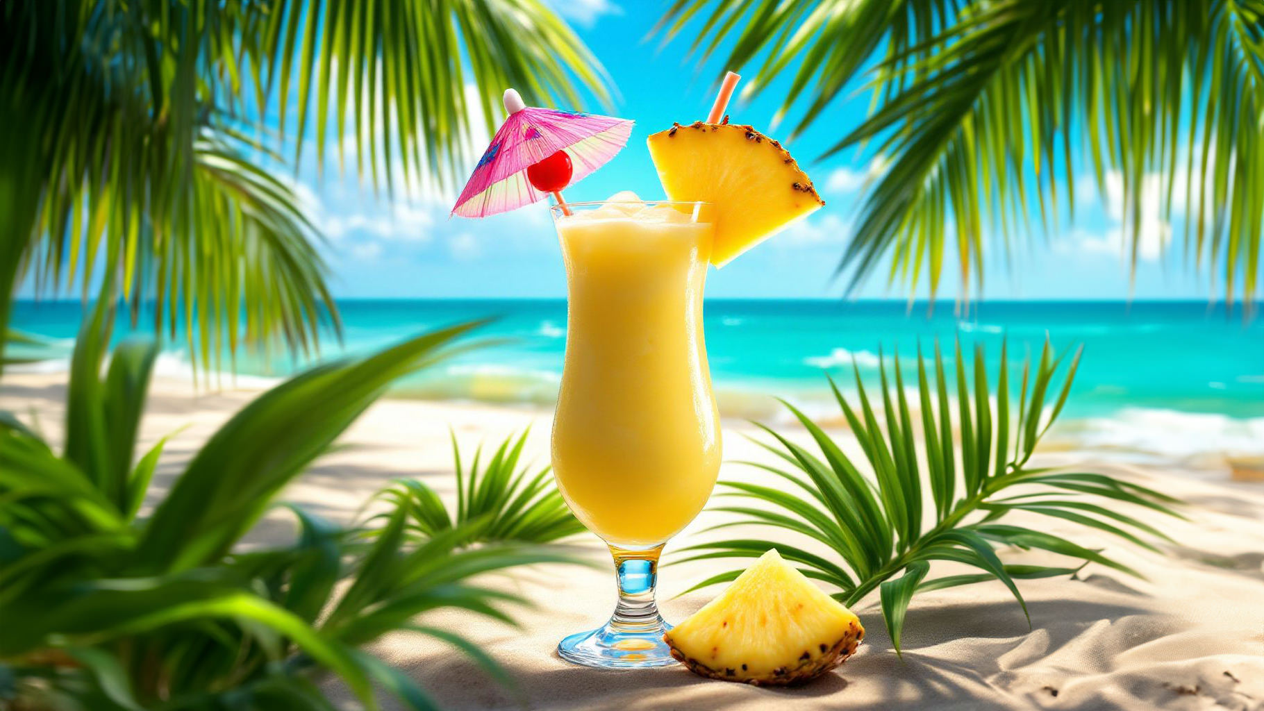 A tropical pina colada cocktail on a sandy beach garnished with pineapple and cherry under a bright sun