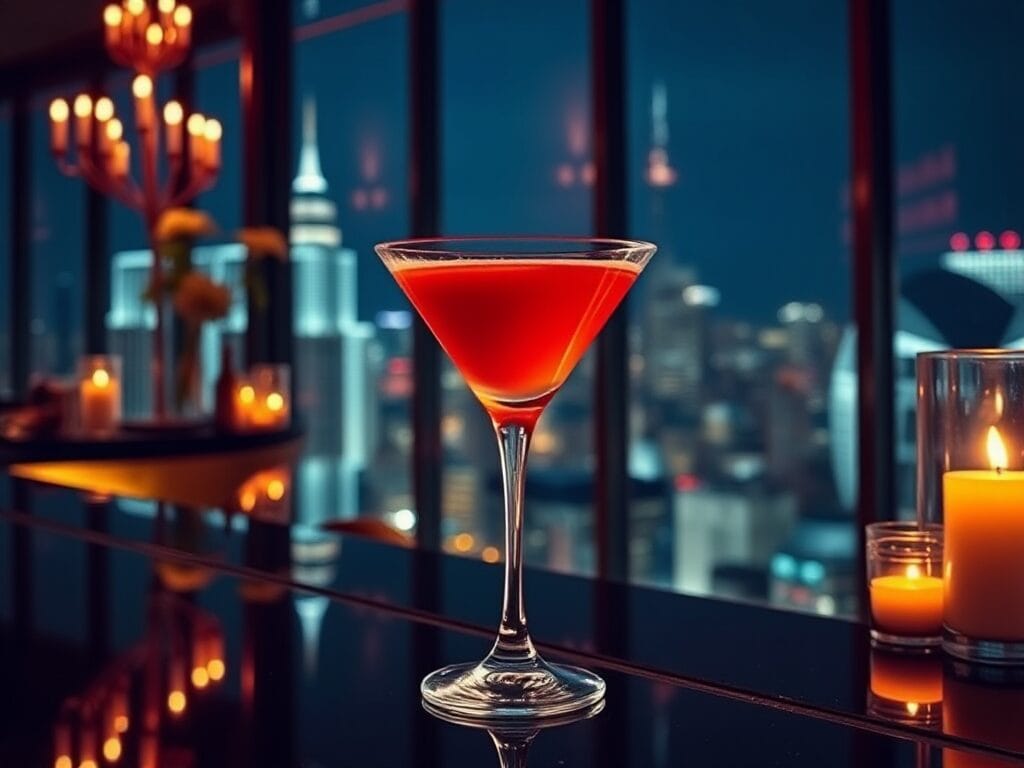 A cosmopolitan cocktail in a chic and elegant bar setting, with a stunning city skyline as the backdrop. The drink is served in a polished glass, reflecting the glamorous ambiance of the bar. The lighting is dim and romantic, with candles and soft glowing lights accentuating the sophisticated atmosphere.