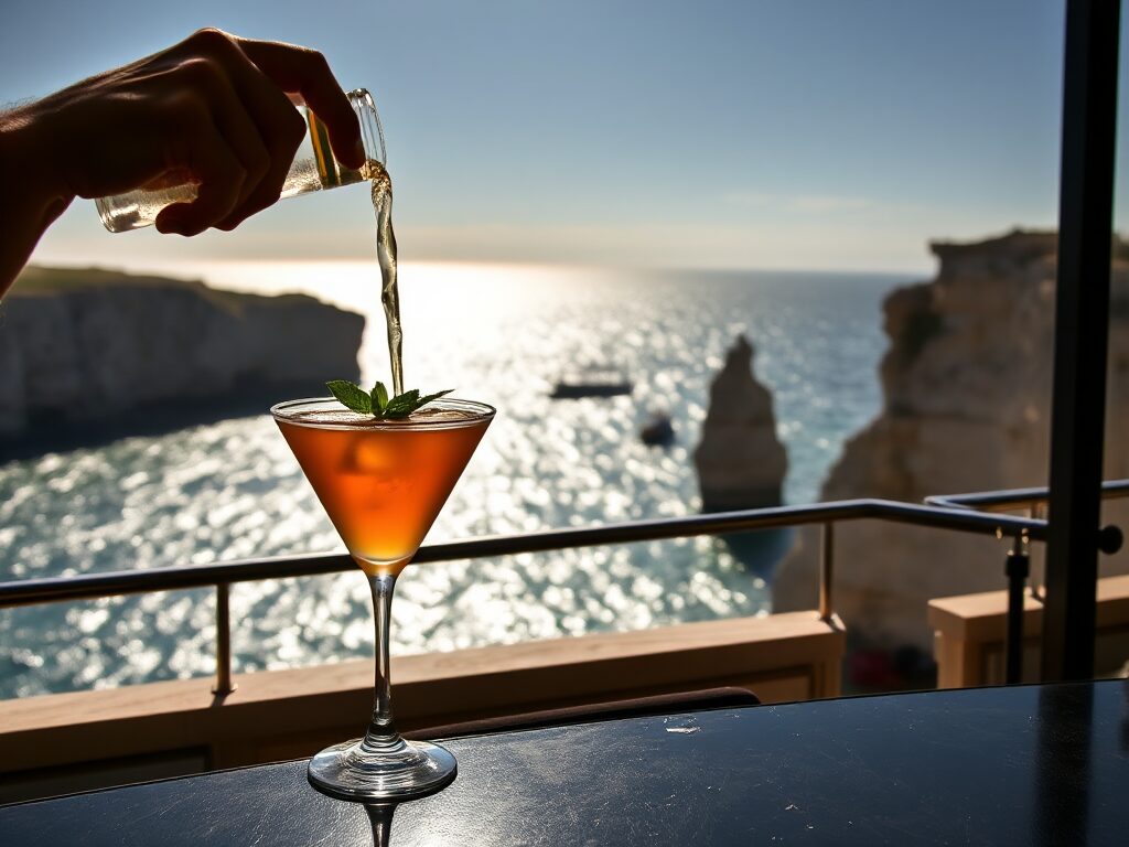 A sophisticated cocktail in the foreground, with the shimmering sea and majestic limestone cliffs as a backdrop, capturing the picturesque coast of Malta in all its beauty.