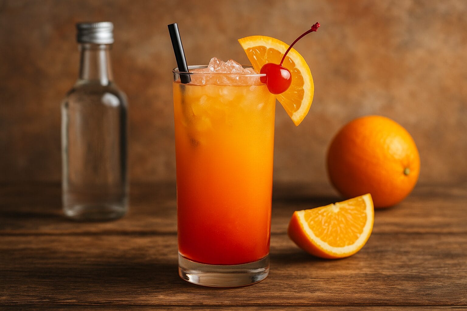 Tequila Sunrise Cocktail im Highballglas mit Eis, Farbverlauf aus Orange und Grenadine, garniert mit Orangenscheibe und Cocktailkirsche auf Holzuntergrund