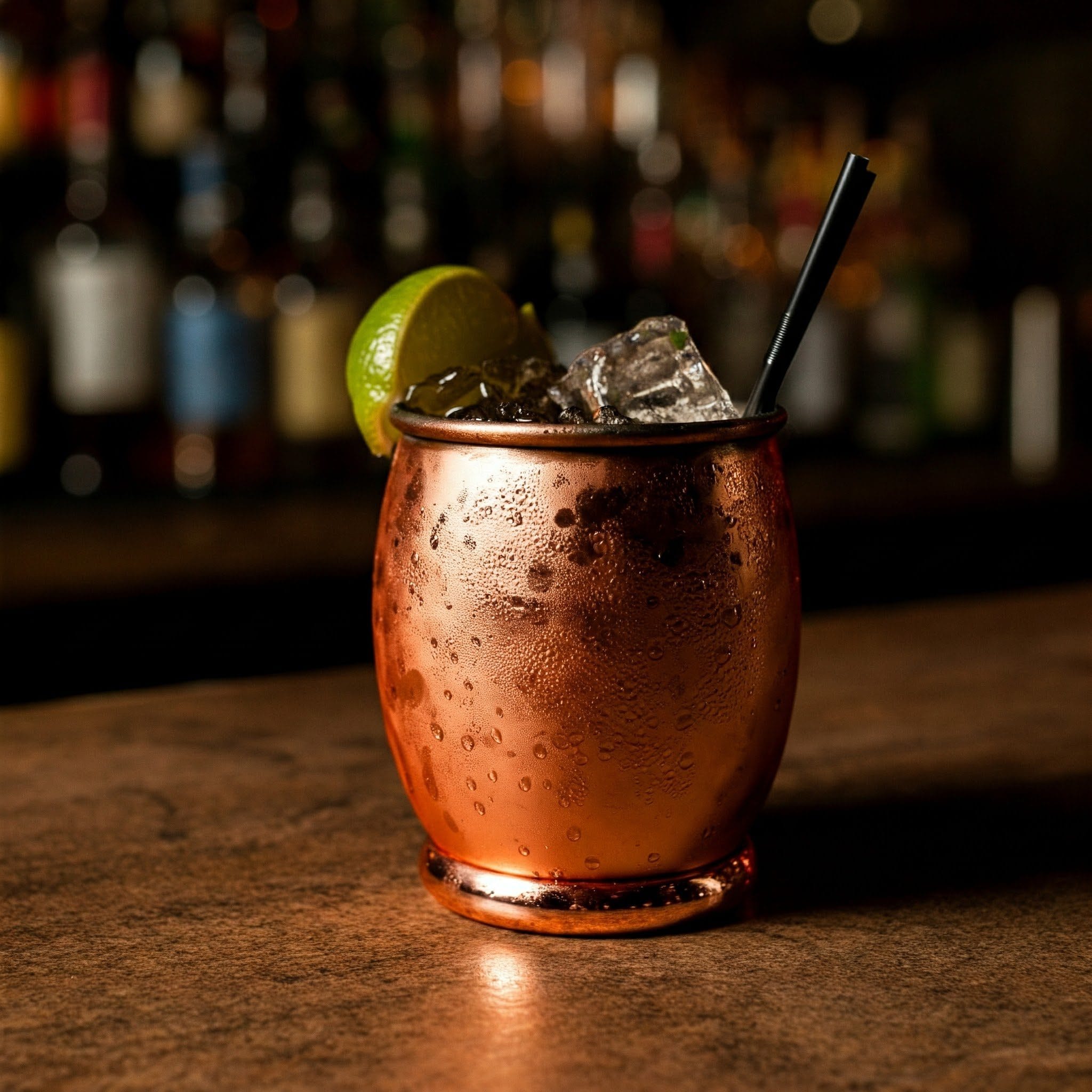 Erfrischender Moscow Mule Cocktail im gekühlten Kupferbecher mit Crushed Ice, Limette und frischer Minze auf rustikalem Holztisch.