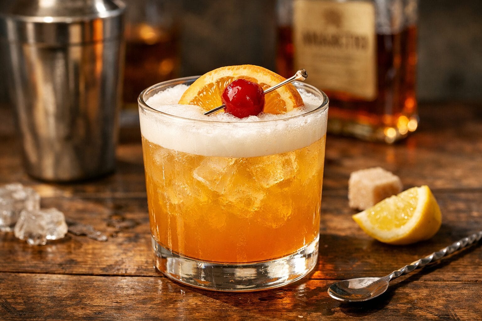 amaretto-sour-cocktail-mit-zitrone-und-kirsche Klassischer Amaretto Sour Cocktail im Tumblerglas mit Eis, cremiger Schaumkrone, Zitronenspalte und Cocktailkirsche auf Holzuntergrund