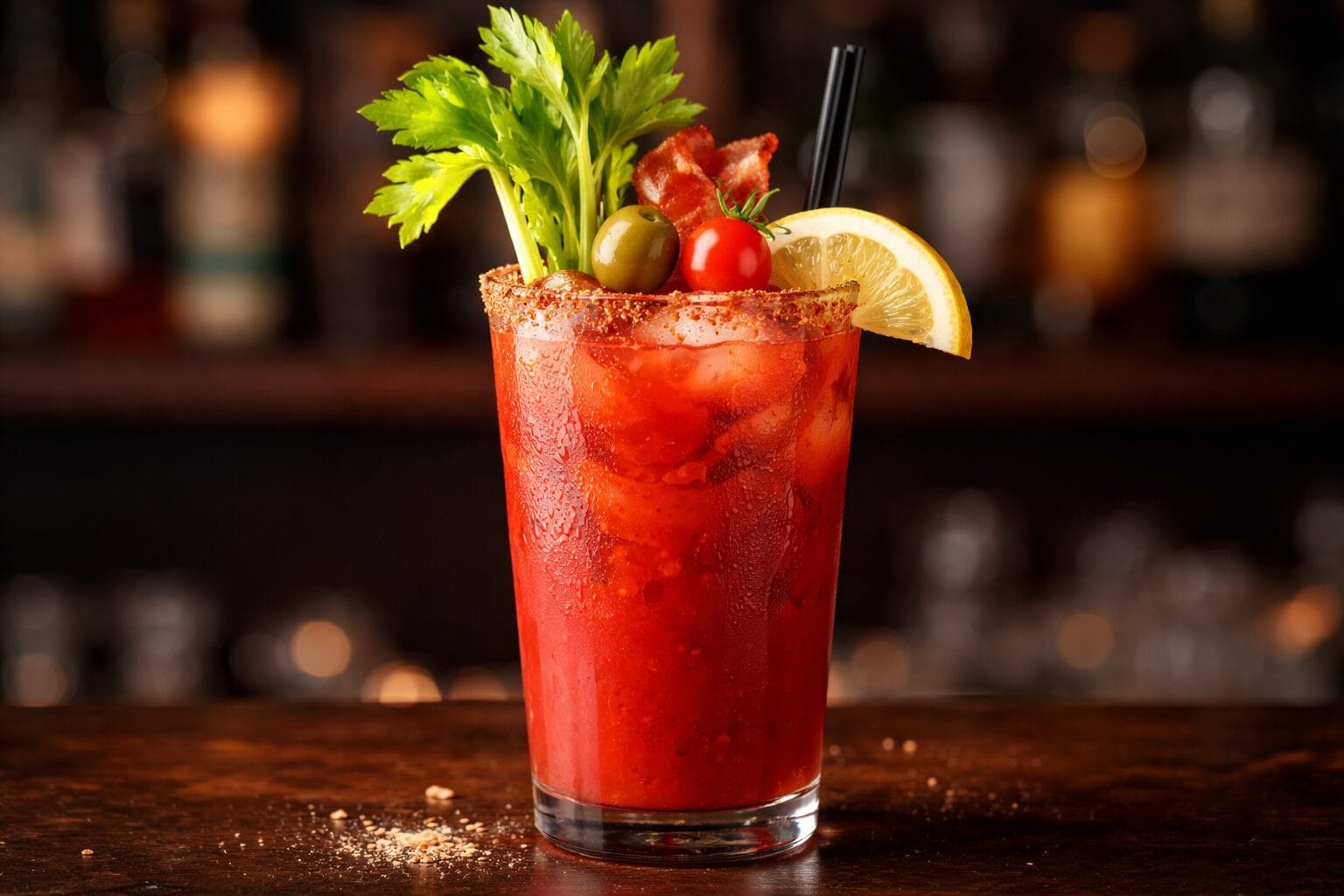 Klassischer Bloody Mary Cocktail im Glas, garniert mit Selleriestange, Zitrone, Olive und Speck, serviert auf einer Bar.