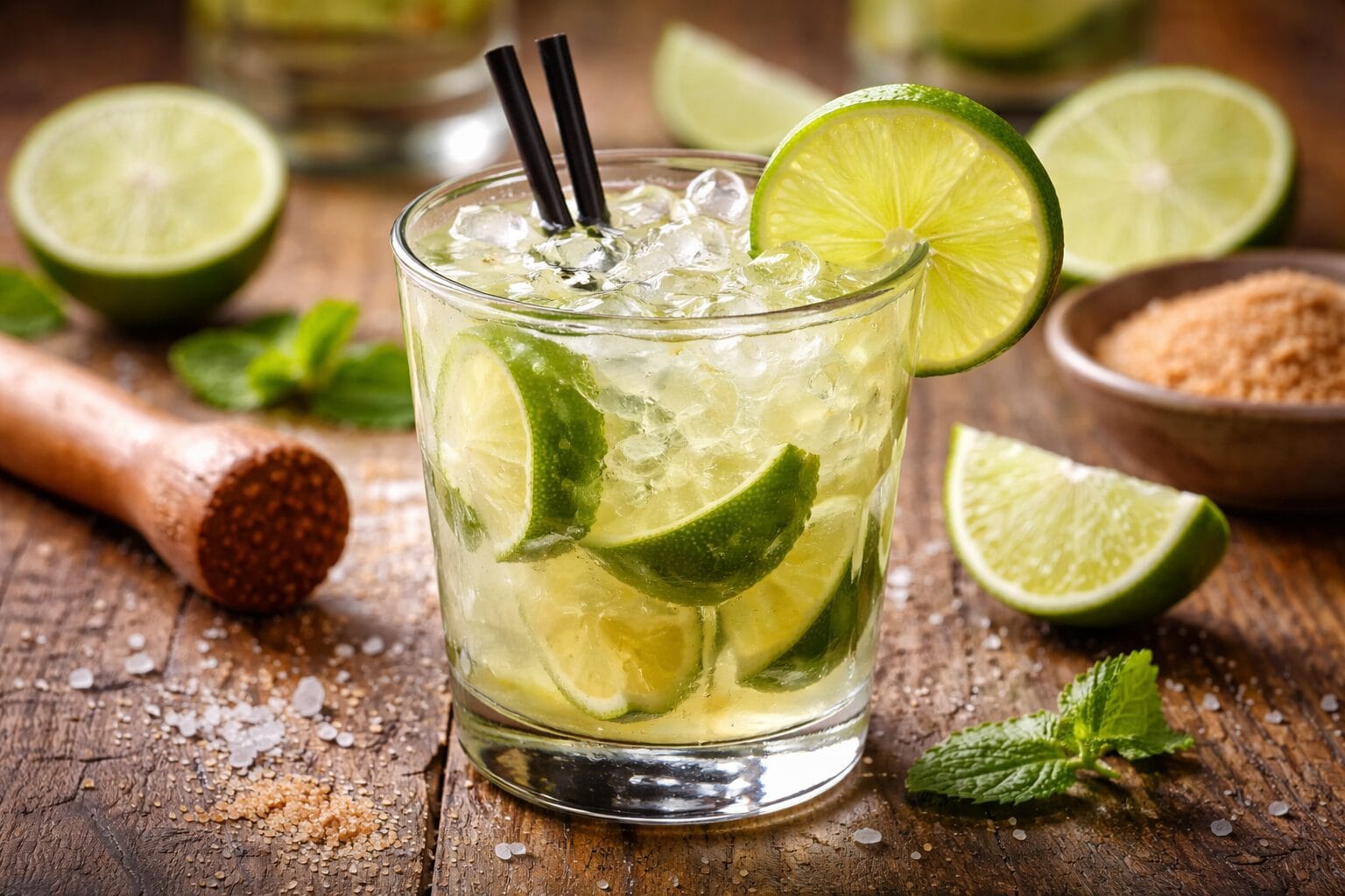 Frische Caipirinha im Glas mit zerstoßenem Eis, Limettenspalten, Rohrzucker und Minze auf rustikalem Holztisch